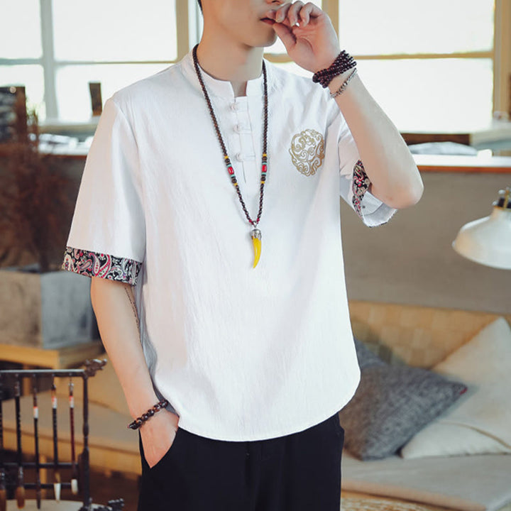 Chemise à manches courtes en lin pour homme, costume chinois Tang brodé avec boutons de grenouille et Buddha Stones - image 22