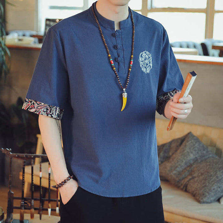 Chemise à manches courtes en lin pour homme, costume chinois Tang brodé avec boutons de grenouille et Buddha Stones - image 37