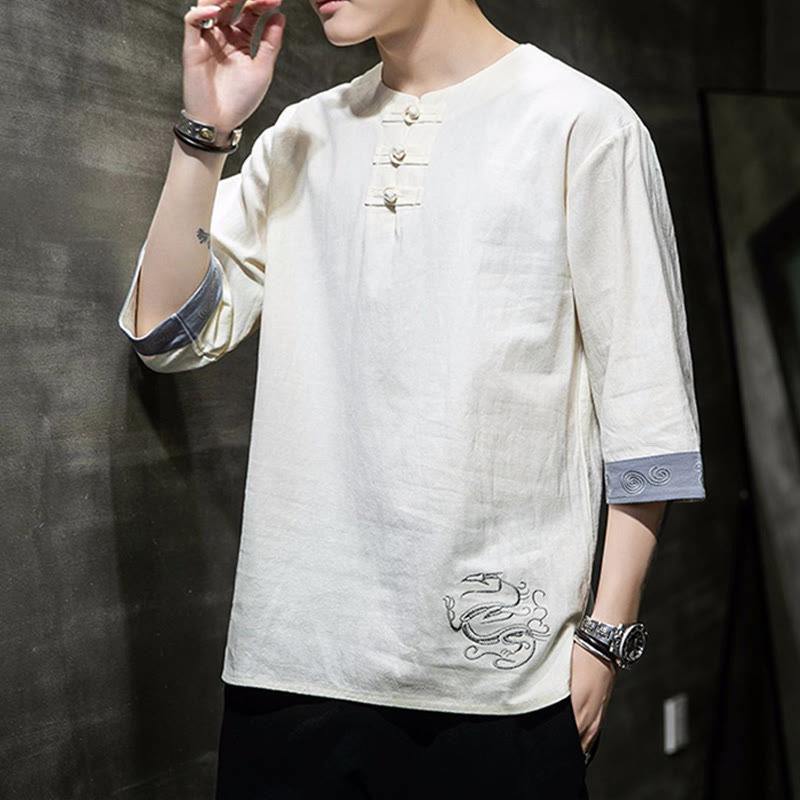 Chemise à manches trois-quarts en coton et lin pour homme, costume chinois Tang avec broderie de dragon et de grenouille , Buddha Stones - image 1