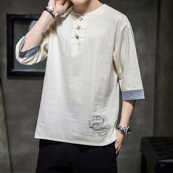 Chemise à manches trois-quarts en coton et lin pour homme, costume chinois Tang avec broderie de dragon et de grenouille , Buddha Stones - image 10