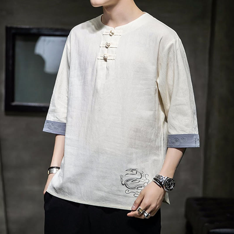 Chemise à manches trois-quarts en coton et lin pour homme, costume chinois Tang avec broderie de dragon et de grenouille , Buddha Stones - image 6