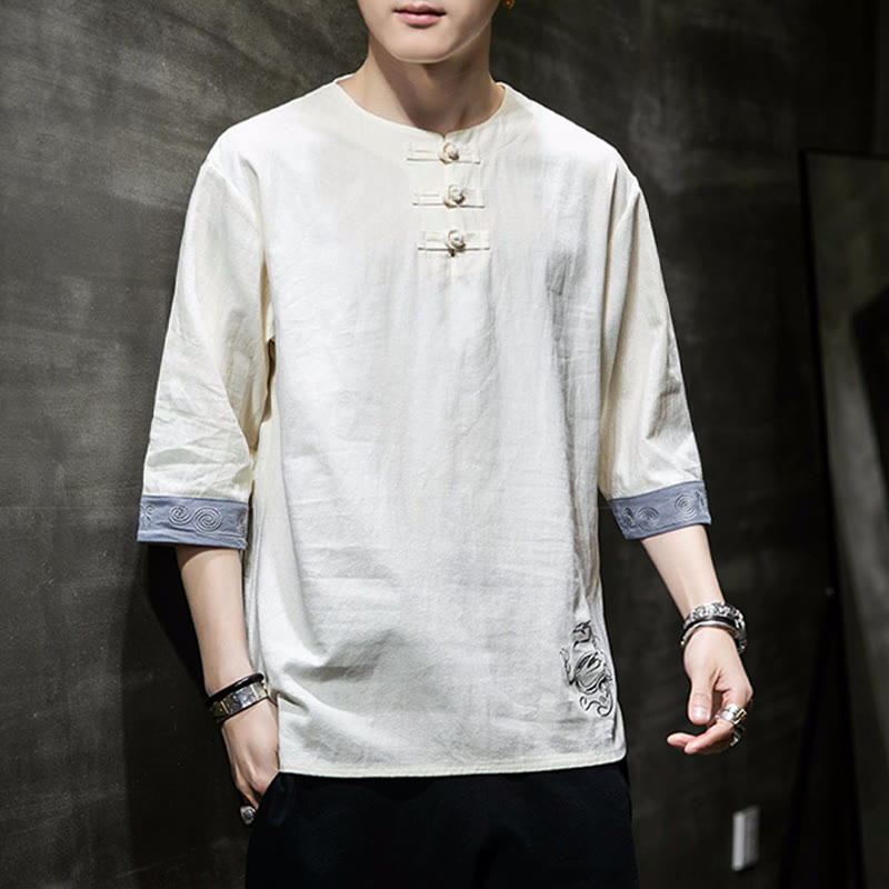 Chemise à manches trois-quarts en coton et lin pour homme, costume chinois Tang avec broderie de dragon et de grenouille , Buddha Stones - image 3