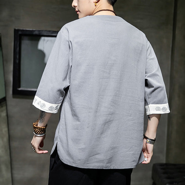 Chemise à manches trois-quarts en coton et lin pour homme, costume chinois Tang avec broderie de dragon et de grenouille , Buddha Stones - image 14