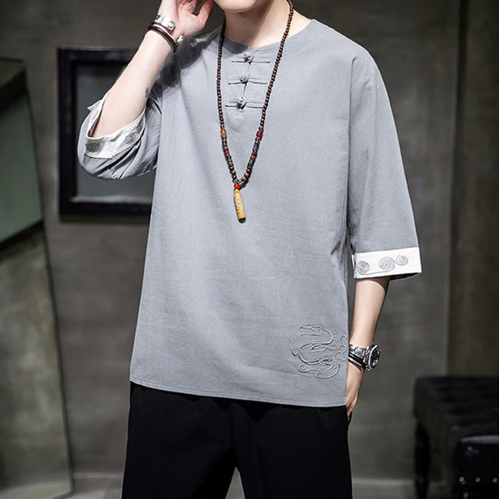 Chemise à manches trois-quarts en coton et lin pour homme, costume chinois Tang avec broderie de dragon et de grenouille , Buddha Stones - image 20