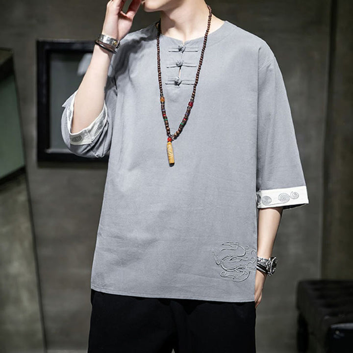 Chemise à manches trois-quarts en coton et lin pour homme, costume chinois Tang avec broderie de dragon et de grenouille , Buddha Stones - image 15