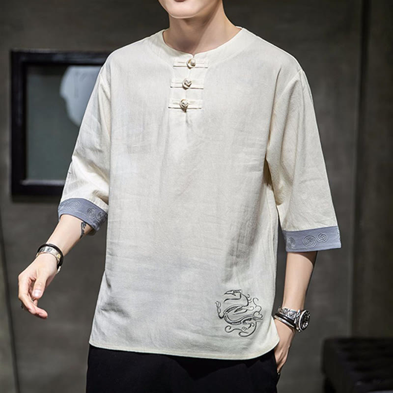 Chemise à manches trois-quarts en coton et lin pour homme, costume chinois Tang avec broderie de dragon et de grenouille , Buddha Stones - image 7