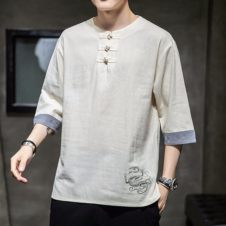 Chemise à manches trois-quarts en coton et lin pour homme, costume chinois Tang avec broderie de dragon et de grenouille , Buddha Stones - image 7