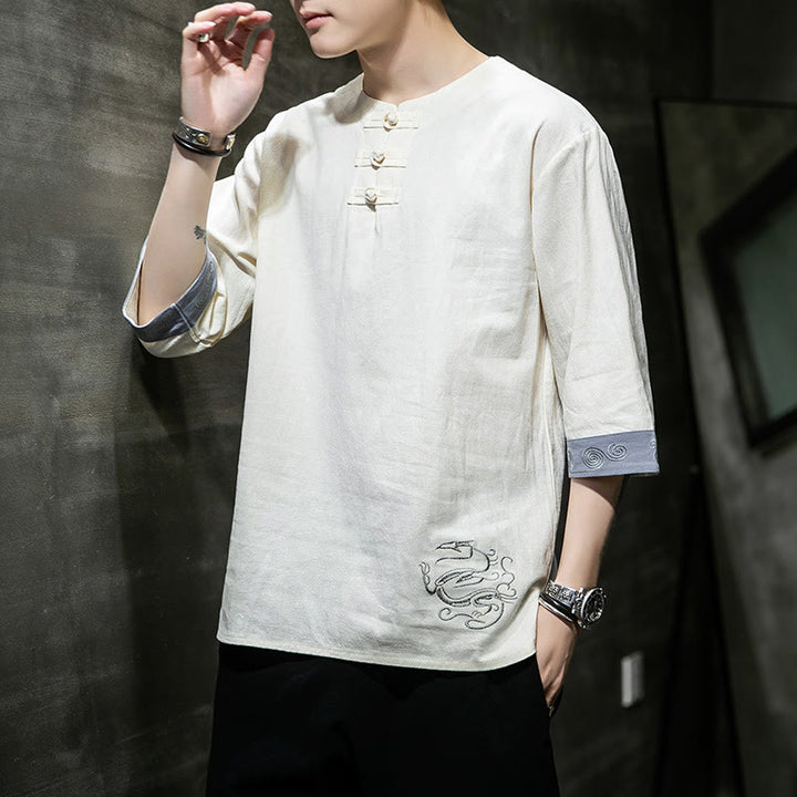 Chemise à manches trois-quarts en coton et lin pour homme, costume chinois Tang avec broderie de dragon et de grenouille , Buddha Stones - image 9