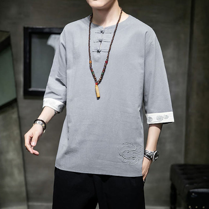 Chemise à manches trois-quarts en coton et lin pour homme, costume chinois Tang avec broderie de dragon et de grenouille , Buddha Stones - image 21