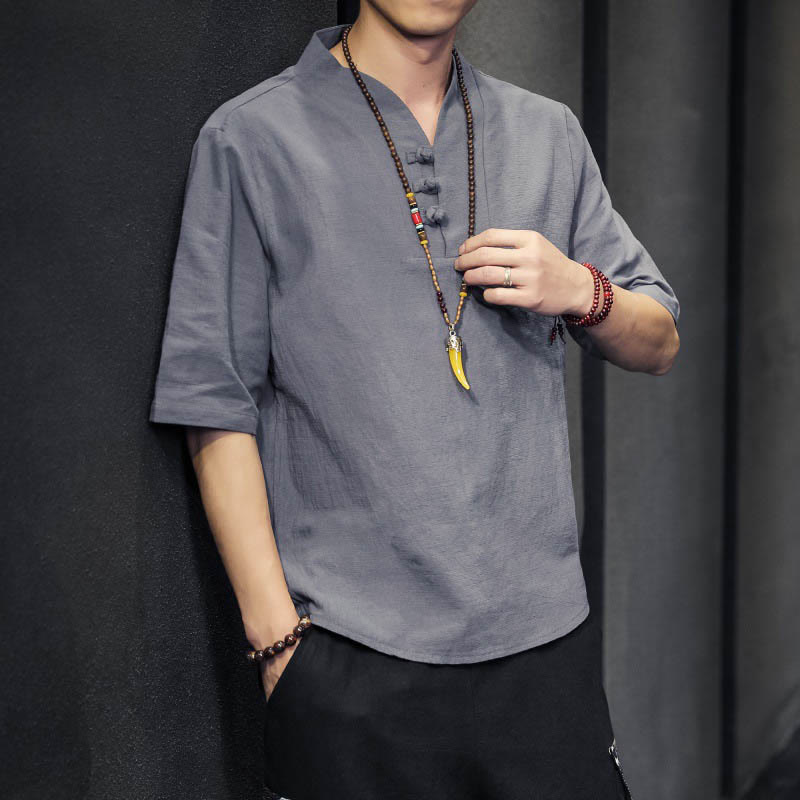 Chemise d'été décontractée à manches mi-longues en coton avec Buddha Stones pour homme - Gris - US/UK/AU46,EU56 (5XL) - image 17