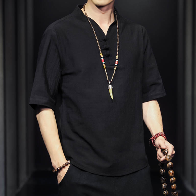 Chemise d'été décontractée à manches mi-longues en coton avec Buddha Stones pour homme - image 14