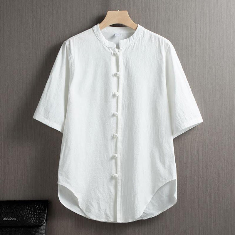 Chemise à manches courtes en coton et lin pour homme, costume chinois uni à boutons de grenouille avec Buddha Stones - Blanc - US/UK/AU46,EU56 (5XL) - image 0