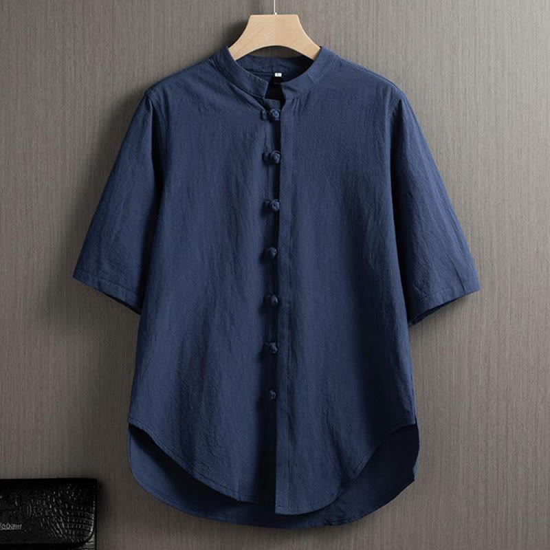 Chemise à manches courtes en coton et lin pour homme, costume chinois uni à boutons de grenouille avec Buddha Stones - Bleu acier - US/UK/AU46,EU56 (5XL) - image 6