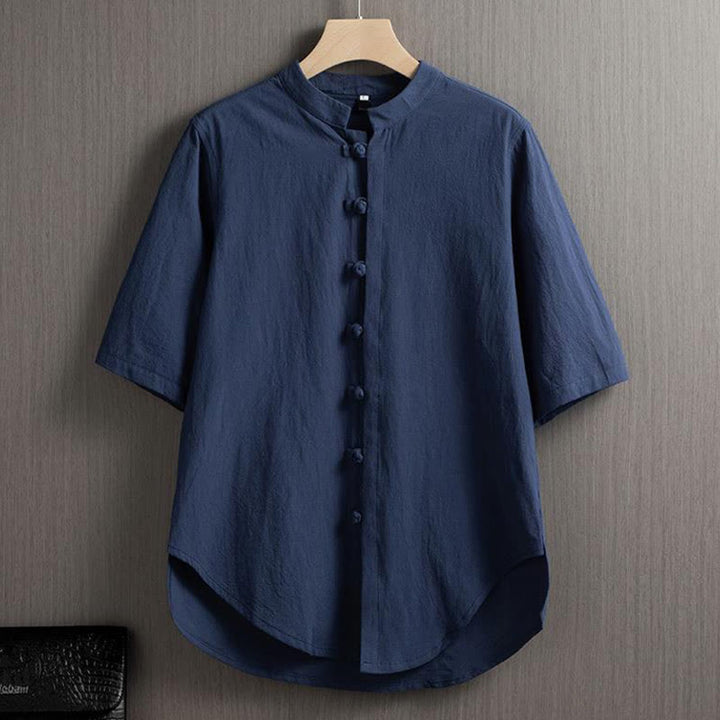 Chemise à manches courtes en coton et lin pour homme, costume chinois uni à boutons de grenouille avec Buddha Stones - Bleu acier - US/UK/AU46,EU56 (5XL) - image 6
