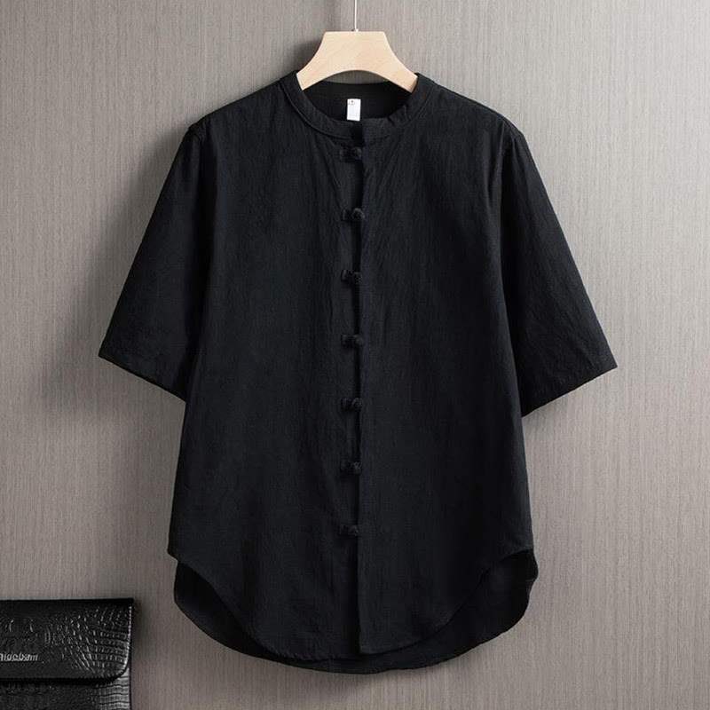 Chemise à manches courtes en coton et lin pour homme, costume chinois uni à boutons de grenouille avec Buddha Stones - Noir - US/UK/AU46,EU56 (5XL) - image 5