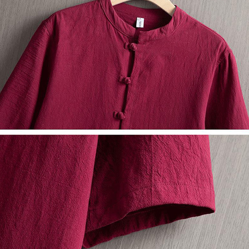 Chemise à manches courtes en coton et lin pour homme, costume chinois uni à boutons de grenouille avec Buddha Stones - image 3