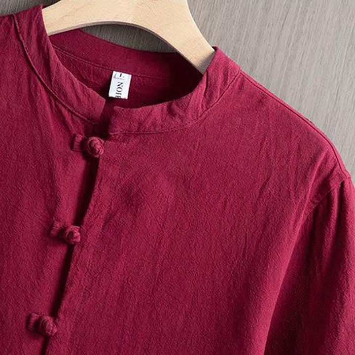 Chemise à manches courtes en coton et lin pour homme, costume chinois uni à boutons de grenouille avec Buddha Stones - image 2