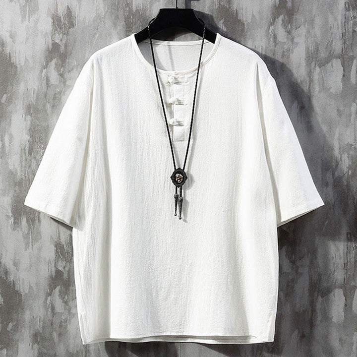 Chemise à manches courtes en lin pour homme, couleur unie, boutons de grenouille, Buddha Stones , costume chinois Tang - Blanc - US/UK/AU46,EU56 (5XL)  - image 2