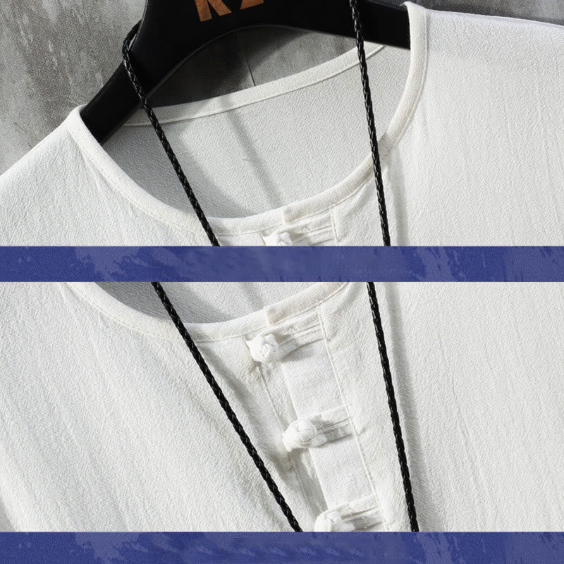 Chemise à manches courtes en lin pour homme, couleur unie, boutons de grenouille, Buddha Stones , costume chinois Tang - image 3