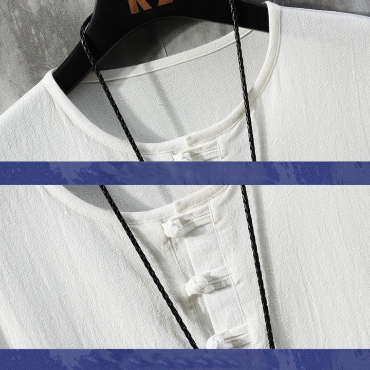 Chemise à manches courtes en lin pour homme, couleur unie, boutons de grenouille, Buddha Stones , costume chinois Tang - image 3