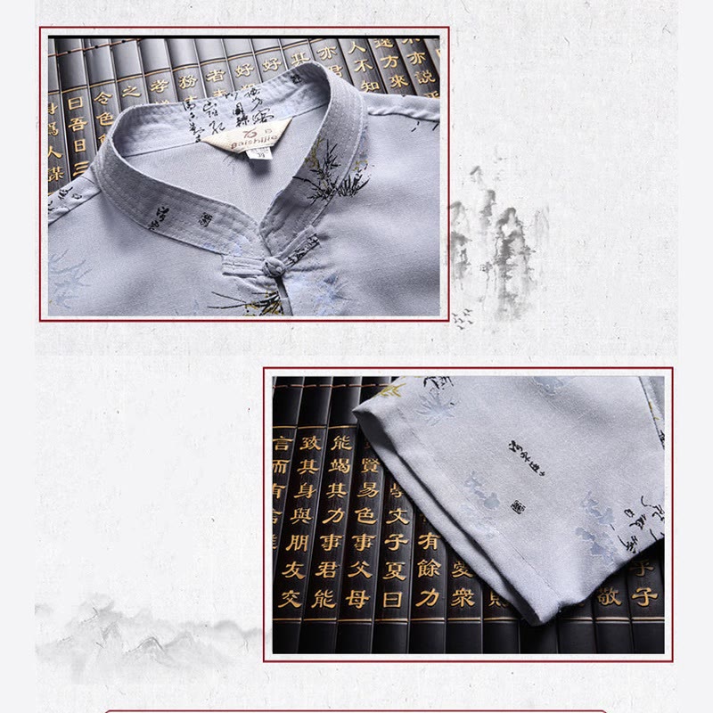 Chemise à manches courtes en lin avec poches et boutons en forme de grenouille et de Buddha Stones - image 11