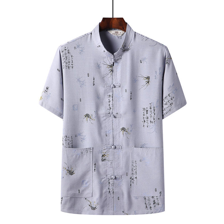 Chemise à manches courtes en lin avec poches et boutons en forme de grenouille et de Buddha Stones - Bleu clair - Feuille de bambou - US/UK/AU46,EU56 (4XL)  - image 10