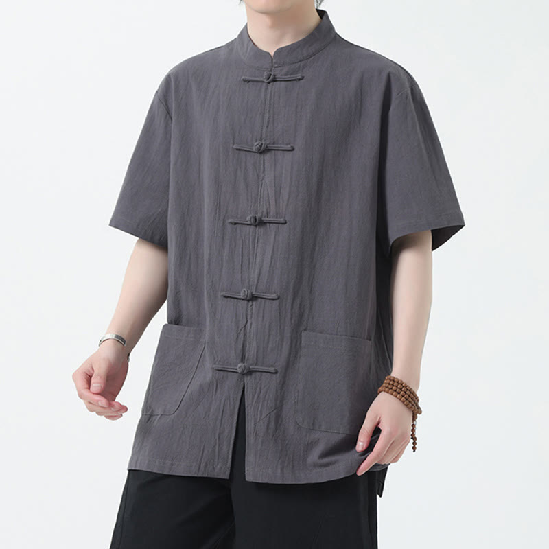 Chemise à manches courtes en lin pour homme avec poches et boutons en forme de grenouille et Buddha Stones - Gris - US/UK/AU46,EU56 (5XL) - image 13