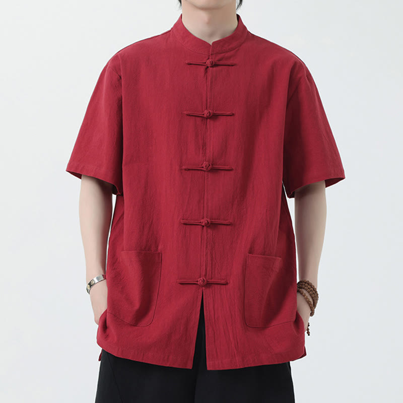 Chemise à manches courtes en lin pour homme avec poches et boutons en forme de grenouille et Buddha Stones - Rouge - US/UK/AU46,EU56 (5XL) - image 1