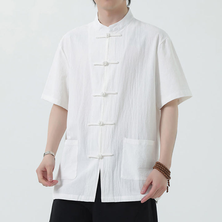 Chemise à manches courtes en lin pour homme avec poches et boutons en forme de grenouille et Buddha Stones - Blanc - US/UK/AU46,EU56 (5XL) - image 0