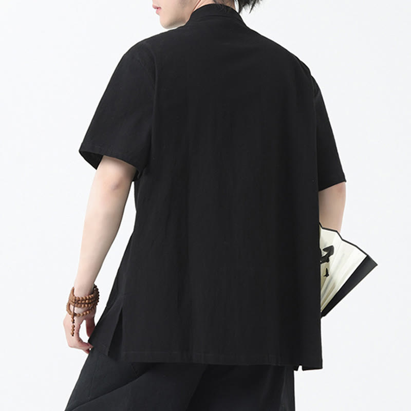 Chemise à manches courtes en lin pour homme avec poches et boutons en forme de grenouille et Buddha Stones - image 4