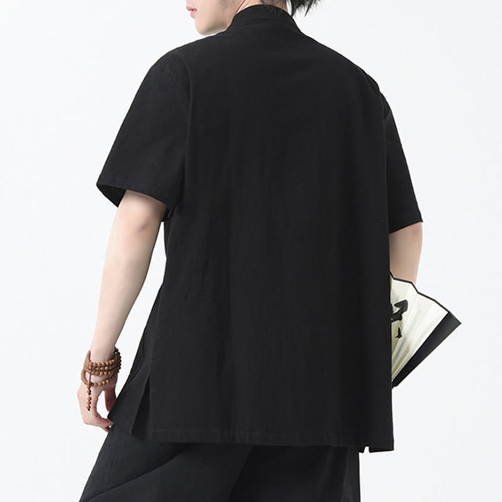 Chemise à manches courtes en lin pour homme avec poches et boutons en forme de grenouille et Buddha Stones - image 4