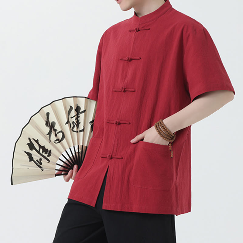 Chemise à manches courtes en lin pour homme avec poches et boutons en forme de grenouille et Buddha Stones - image 2