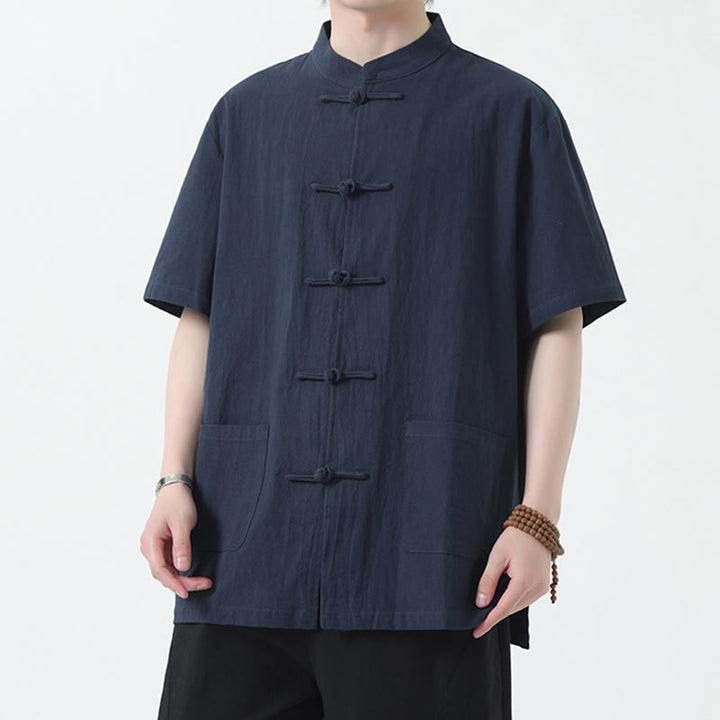 Chemise à manches courtes en lin pour homme avec poches et boutons en forme de grenouille et Buddha Stones - image 12