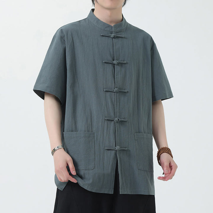 Chemise à manches courtes en lin pour homme avec poches et boutons en forme de grenouille et Buddha Stones - image 9