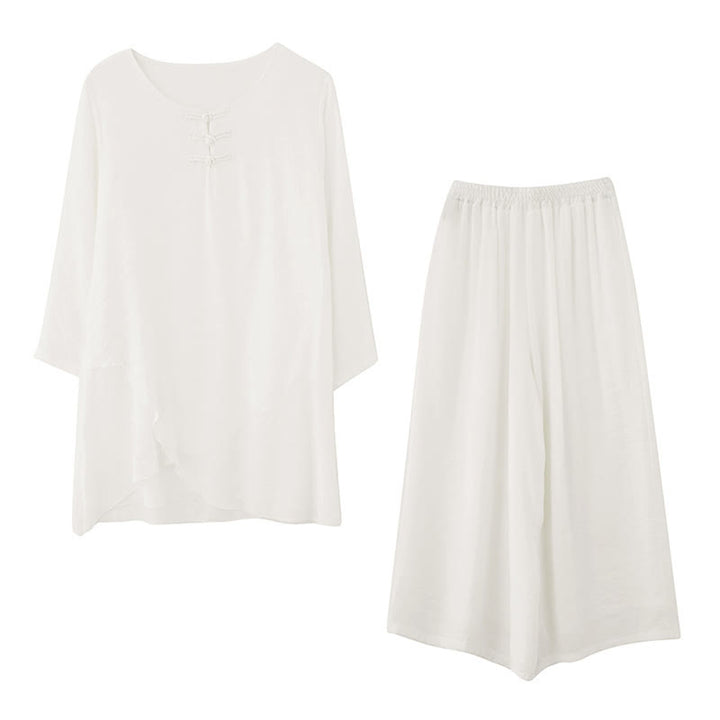 Chemise à manches longues à boutons de grenouille Buddha Stones 2 pièces Pantalon à jambe large Vêtements de méditation en coton et lin