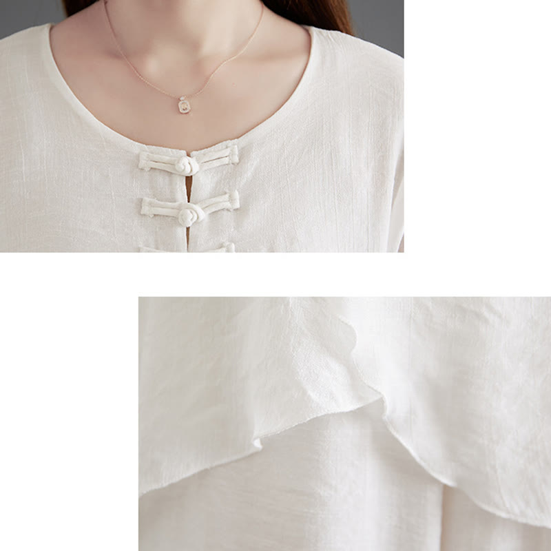 Chemise à manches longues à boutons de grenouille Buddha Stones 2 pièces Pantalon à jambe large Vêtements de méditation en coton et lin