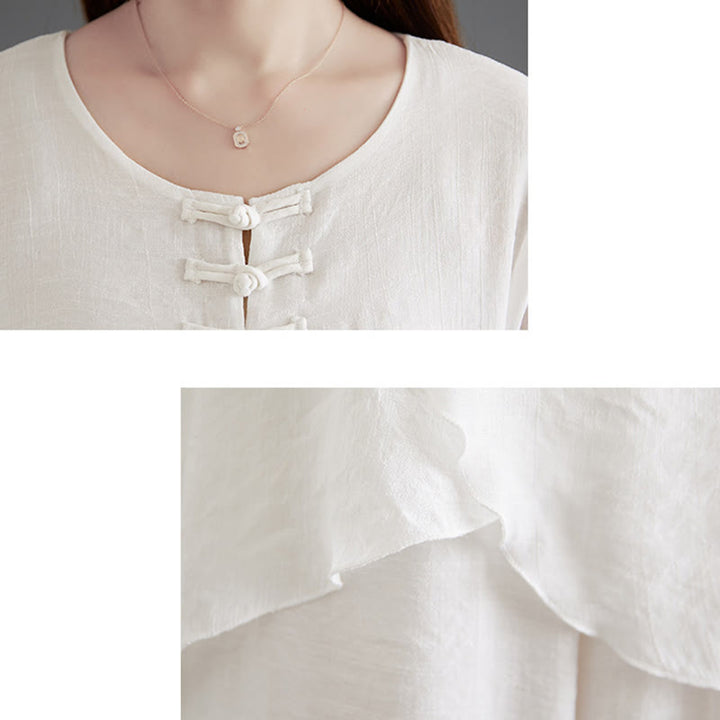 Chemise à manches longues à boutons de grenouille Buddha Stones 2 pièces Pantalon à jambe large Vêtements de méditation en coton et lin