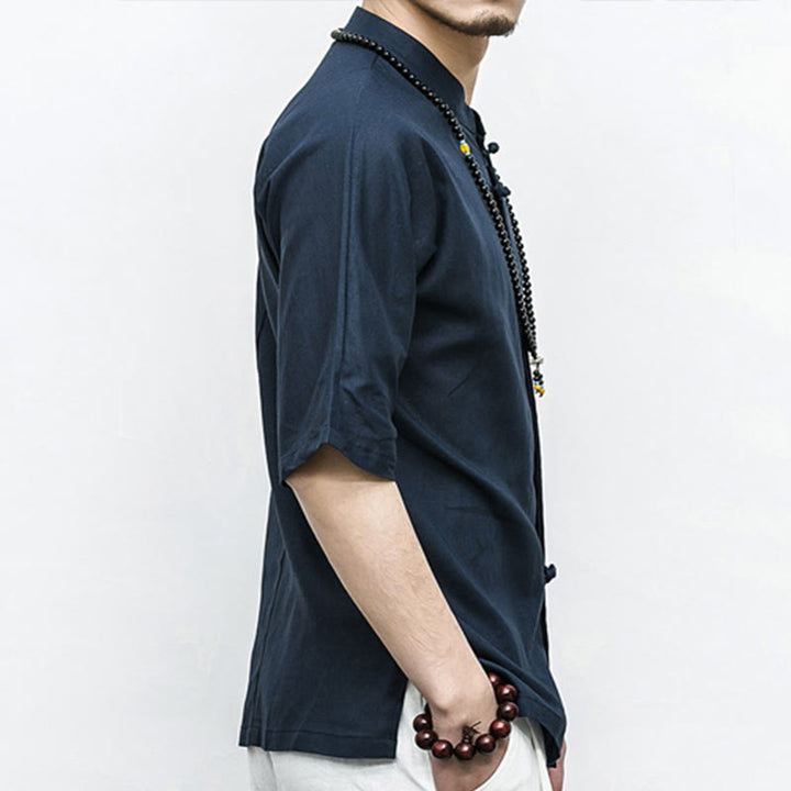 Chemise à manches mi-longues en lin pour homme, costume chinois à boutons de grenouille Buddha Stones - image 3