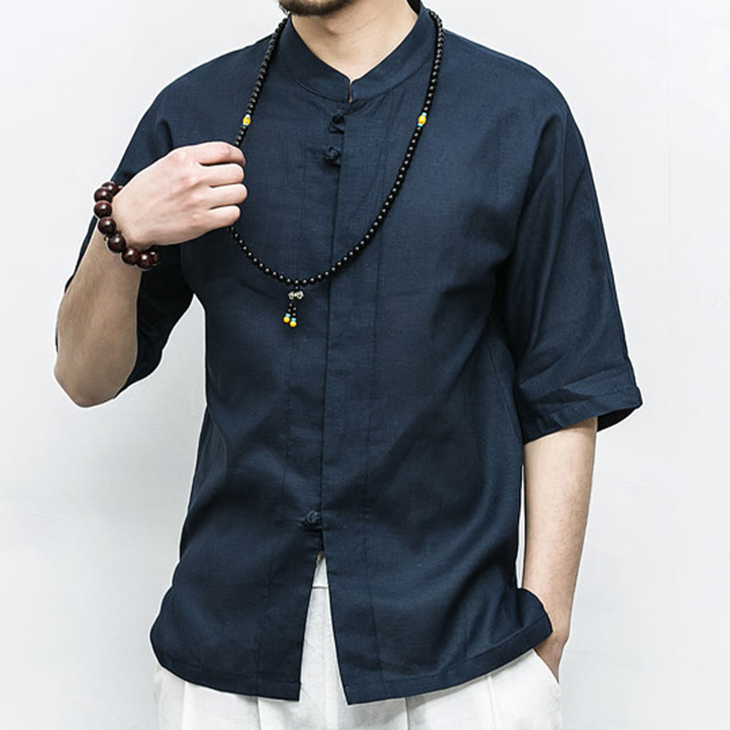 Chemise à manches mi-longues en lin pour homme, costume chinois à boutons de grenouille Buddha Stones - image 1