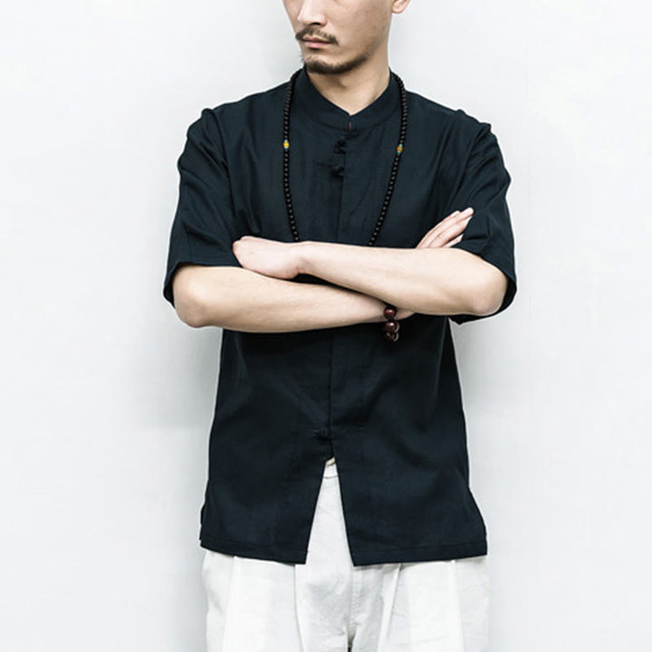 Chemise à manches mi-longues en lin pour homme, costume chinois à boutons de grenouille Buddha Stones - image 16