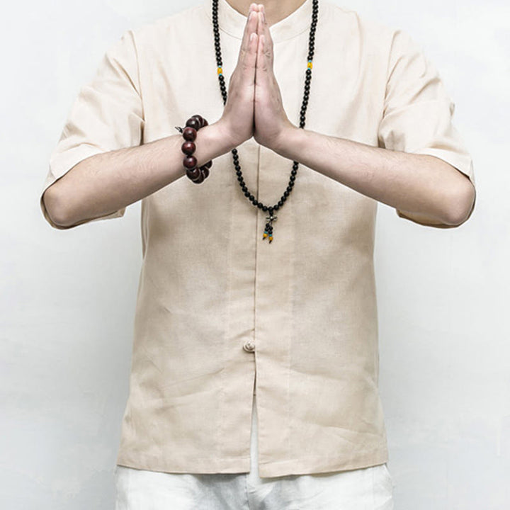 Chemise à manches mi-longues en lin pour homme, costume chinois à boutons de grenouille Buddha Stones - image 19