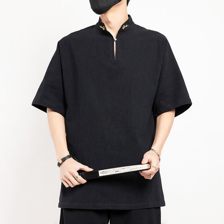 Chemise à manches mi-longues brodée en lin avec Buddha Stones pour homme