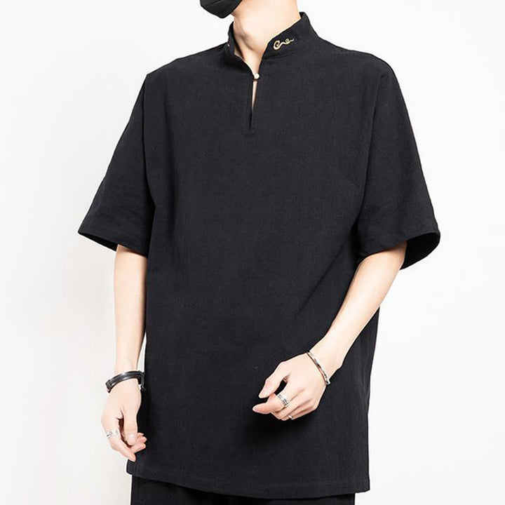 Chemise à manches mi-longues brodée en lin avec Buddha Stones pour homme