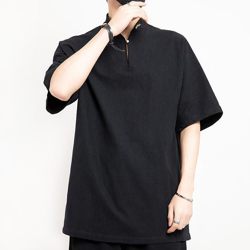 Chemise à manches mi-longues brodée en lin avec Buddha Stones pour homme