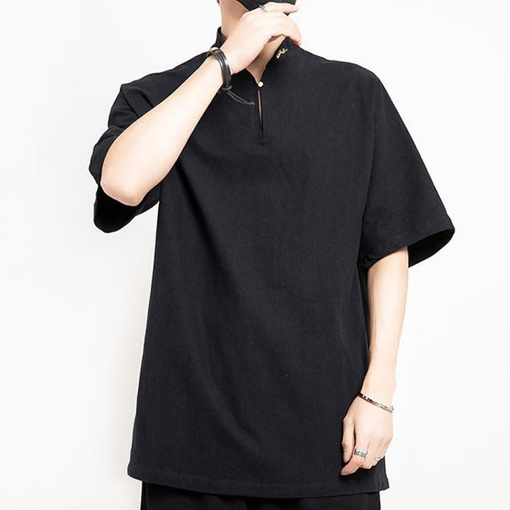 Chemise à manches mi-longues brodée en lin avec Buddha Stones pour homme