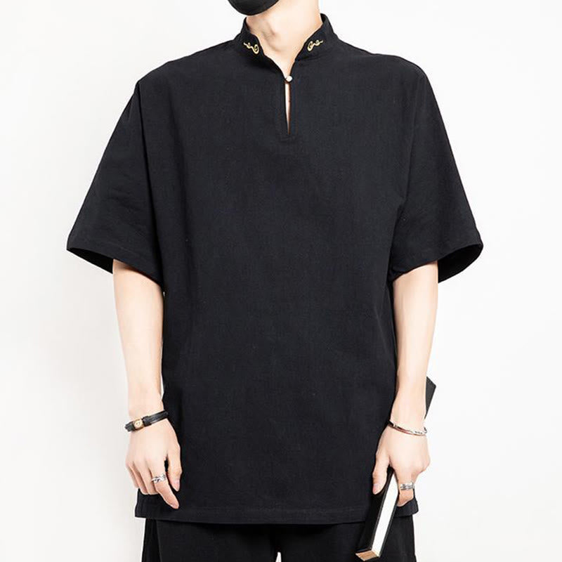 Chemise à manches mi-longues brodée en lin avec Buddha Stones pour homme