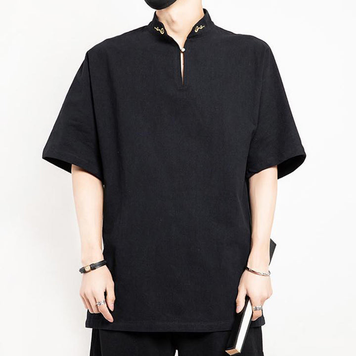 Chemise à manches mi-longues brodée en lin avec Buddha Stones pour homme