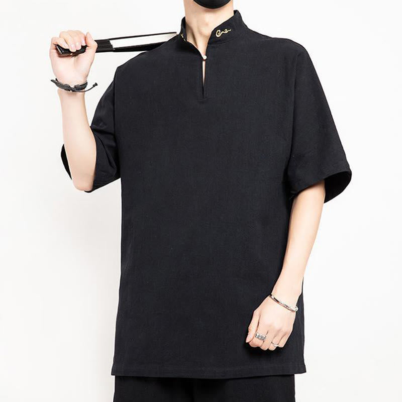 Chemise à manches mi-longues brodée en lin avec Buddha Stones pour homme