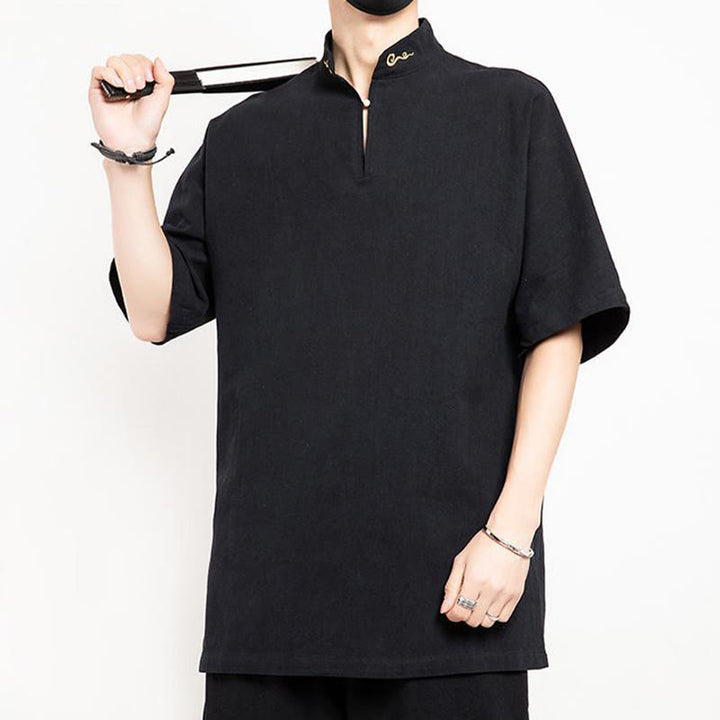 Chemise à manches mi-longues brodée en lin avec Buddha Stones pour homme