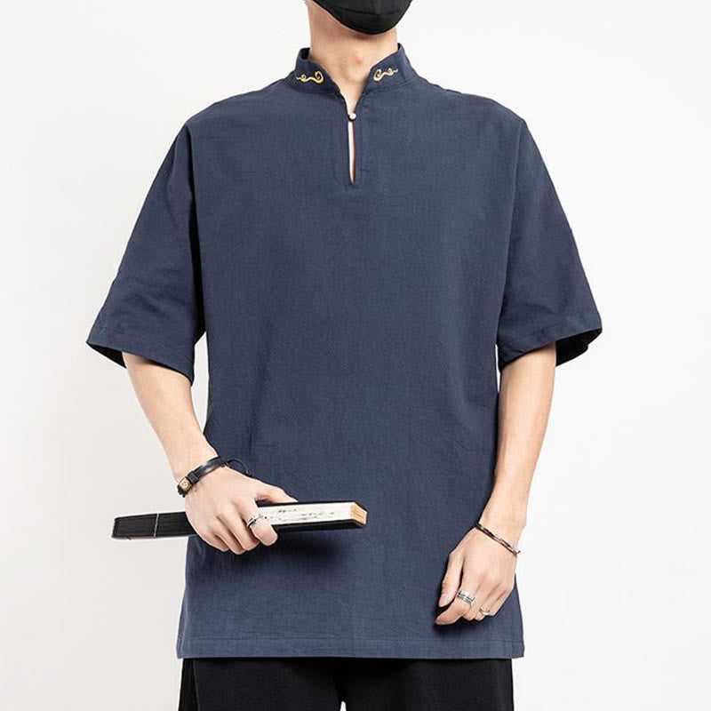 Chemise à manches mi-longues brodée en lin avec Buddha Stones pour homme